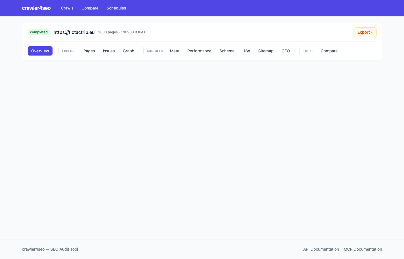 crawler4seo dashboard: 2,000 pages crawled, module-level health scores, top issues list